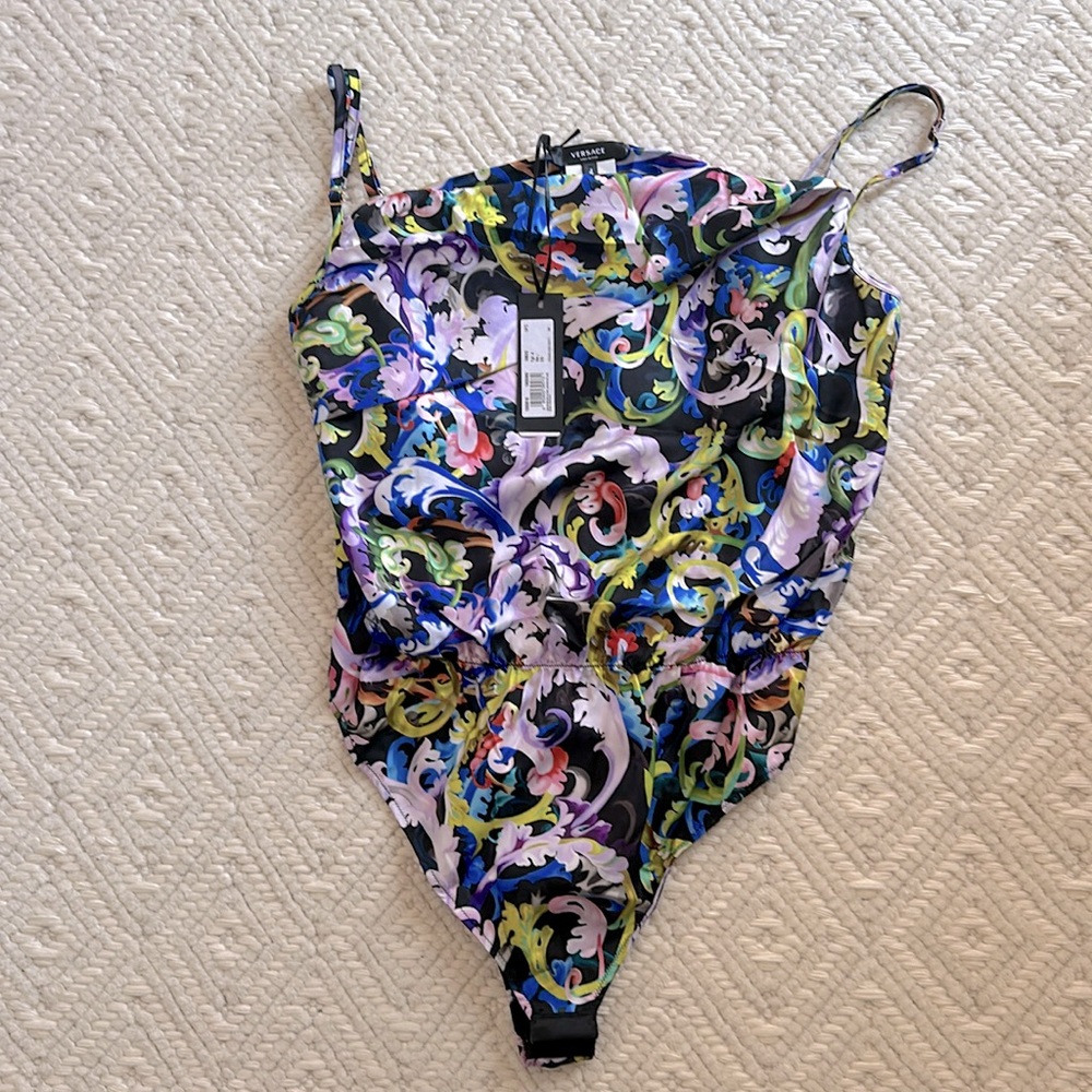 Brand new, with tags, silk barocco print Versace body suite, designer size 4